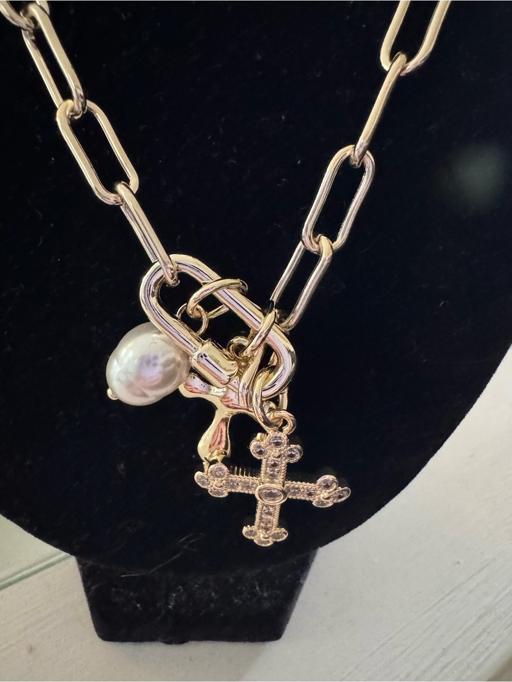 Gold Chain Necklace with Pearl and Cross Charm - Women Jewelry